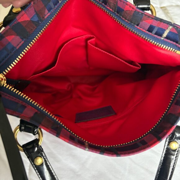 Coach Poppy 2way Shoulder Bag Red Blue Tartan Plaid Signature Canvas Patent Trim - Picture 10 of 16